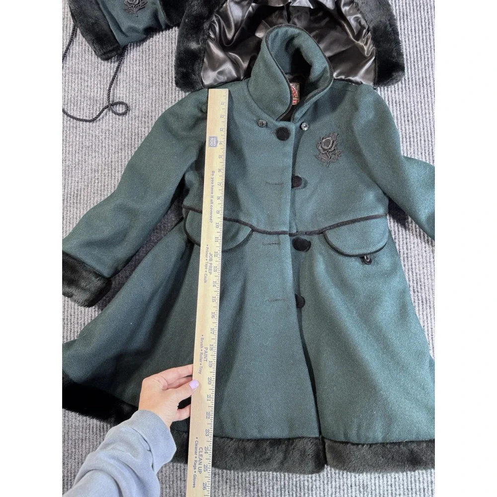 Vintage Precious Stones Girls Green Wool Overcoat‎ Faux Fur Trim Sz 6
